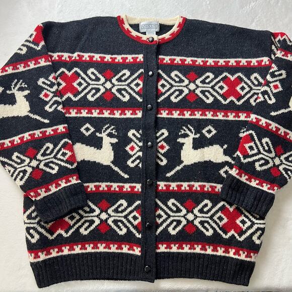 Lands End Vintage wool button down sweater women’s size large Red black Deer - Picture 1 of 5